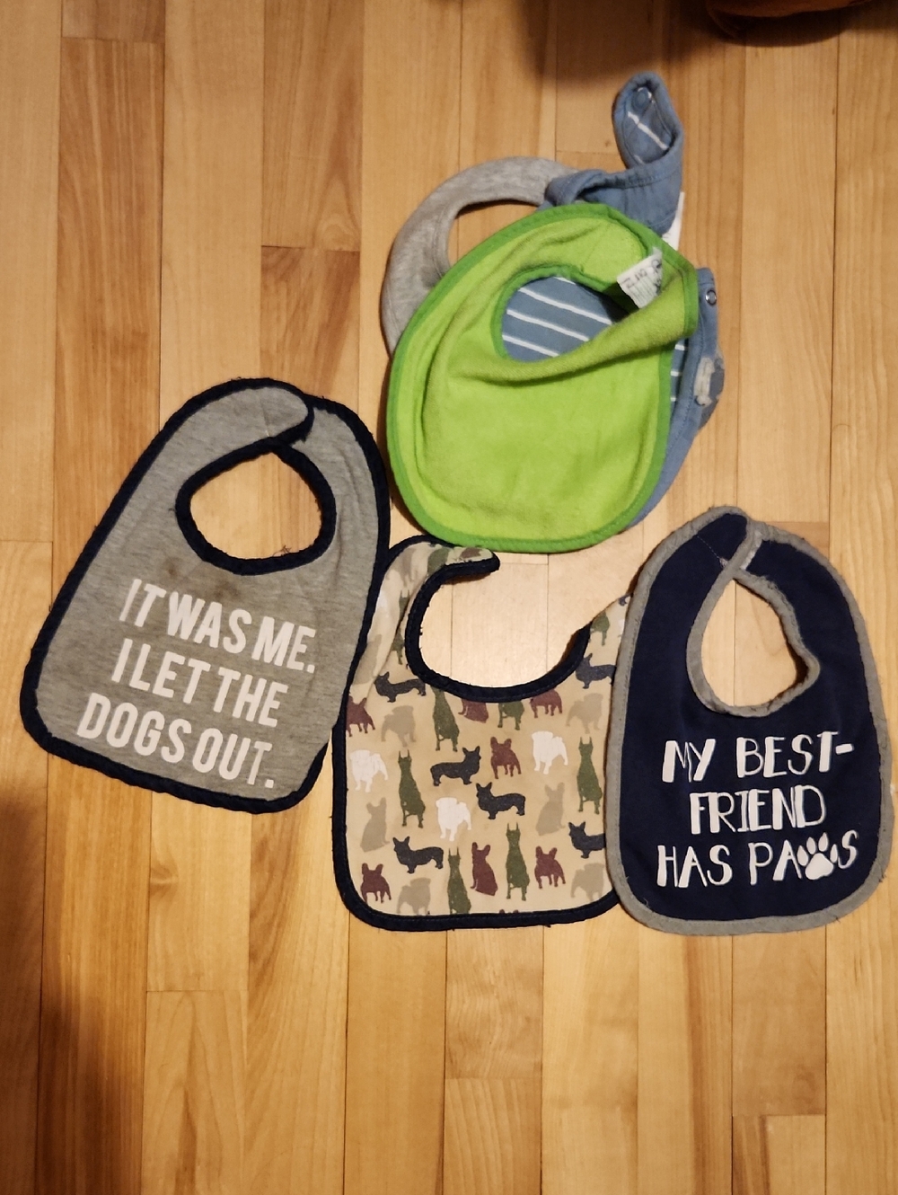 6 Baby Bibs - Gray, Navy, Green, Camouflage Dog Themed and More
